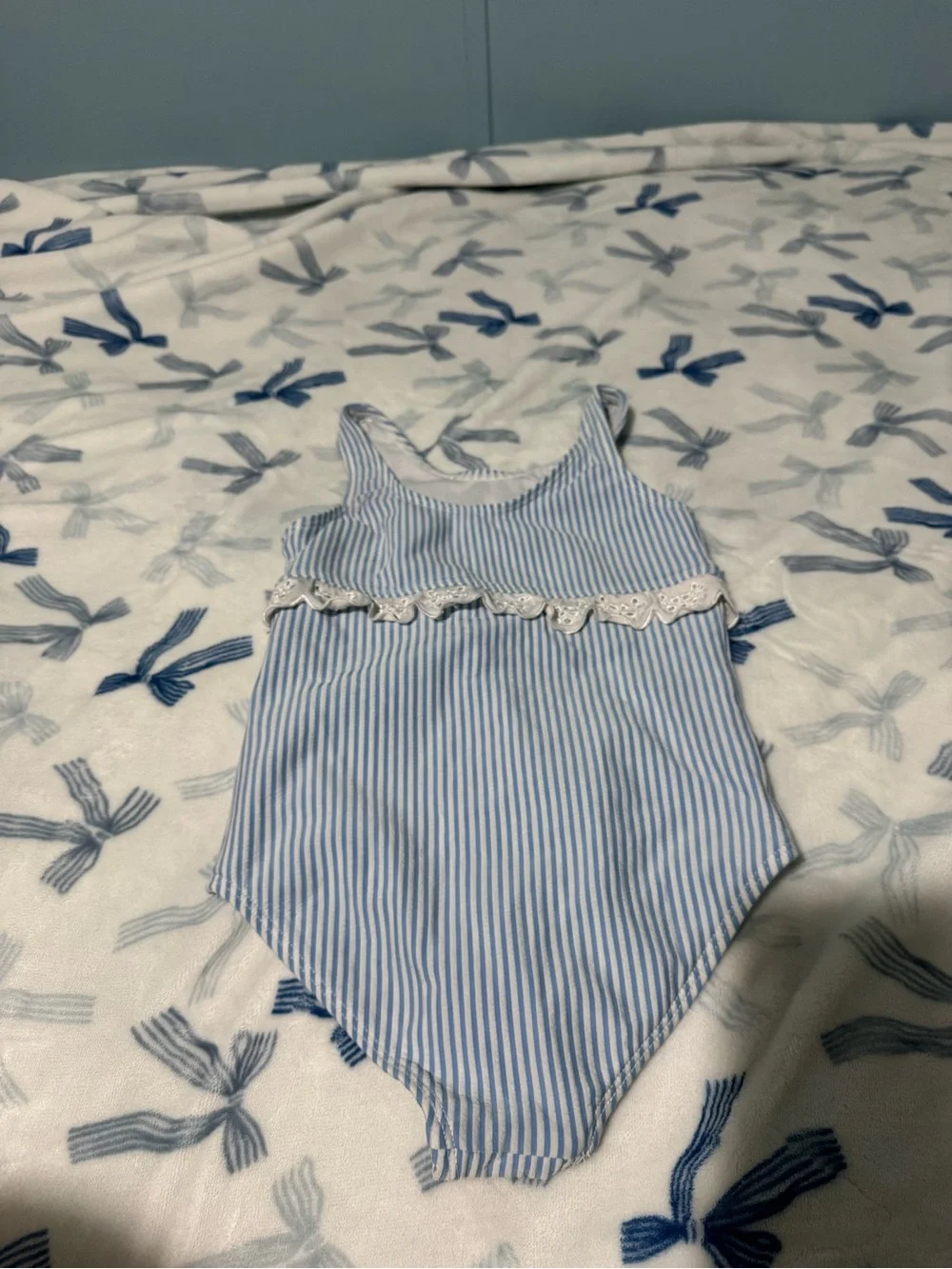 Crown & Ivy Blue and White Striped Kids One-Piece with Eyelet Detail